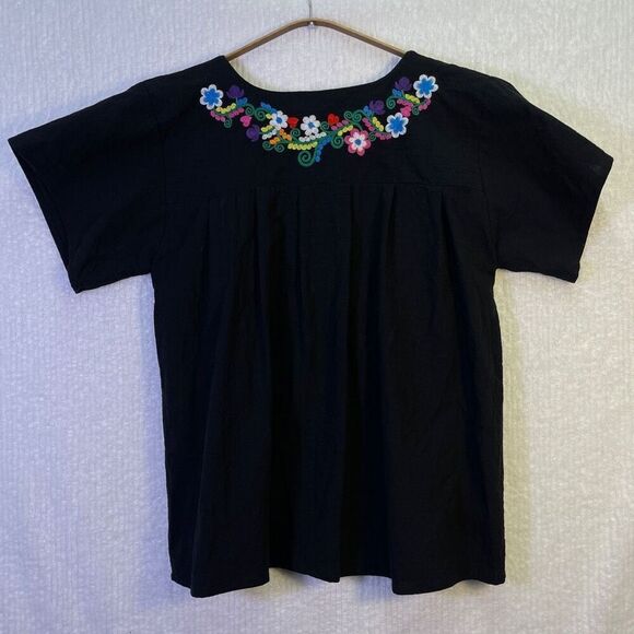 YZXDORWJ Black Embroidered Floral Boho Peasant Blouse Large - Picture 4 of 7